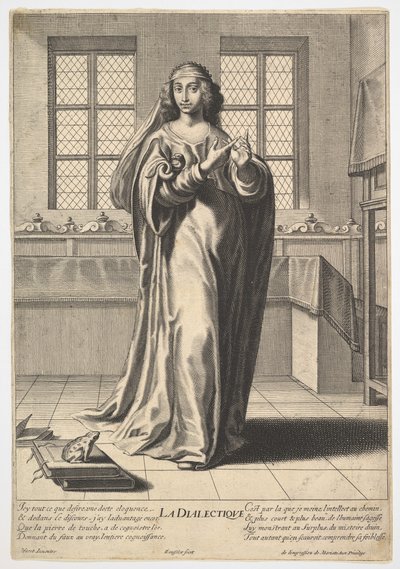 Dialektik: en ung kvinna som står i en dekorerad interiör och rör vid hennes högra index ..., 1633-35. av Gilles Rousselet