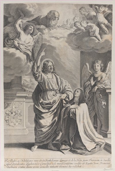 Den heliga Theresa ber tillsammans med Kristus, som pekar uppåt på Gud Fadern och ..., 1635-1700. av Gilles Rousselet