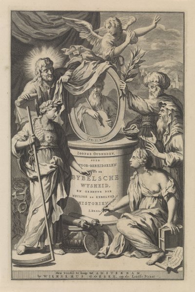 Bibliska figurer avslöjar porträttet av Moses Titelsida för Wilhelmus Goeree, Preparations for Biblical Wisdom, and the Use of Sacred and Ecclesiastical Histories, 1690 av Gilliam van der Gouwen