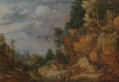Stenigt landskap med rådjur och getter av Gillis Claesz de Hondecoeter
