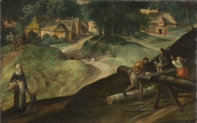 Landskap med män som sågar timmer - Landskap med män som sågar timmer, av Mostaert, Gillis (1534-1598). olja på trä av Gillis Mostaert