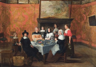 En interiör med en familj vid en måltid (olja på duk) av Gillis van (circle of) Tilborgh