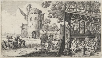 Bönder runt ett bord i en lada (de Smaak) Landskap med de fem sinnena (serietitel) av Gillis van Scheyndel (I)