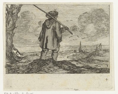 Dynlandskap med en man, med en stav på axeln Verscheyden Stränder och vattenlandskap gjorda av Jan Percelles (serietitel) av Gillis van Scheyndel (I)