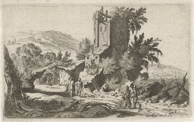 Vandrare vid en ruin Sex landskap (serietitel) av Gillis van Scheyndel (I)