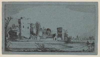 Fält före ruiner förvandlade till gårdar, från Tolv landskap med figurer av Gillis van Scheyndel