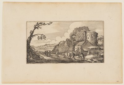 Stig till vänster om en gård som domineras av ett runt torn, från Tolv landskap med figurer av Gillis van Scheyndel