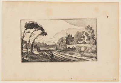 Vägen till vänster om ett hus med vallgrav och murar, från Tolv landskap med figurer av Gillis van Scheyndel