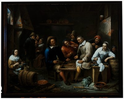 Backgammonspelare i en inredning av en krog av Gillis van Tilborgh