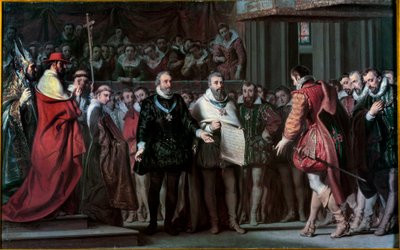 Filip II av Spanien erkänner Henrik IV som kung av Frankrike Målning av Gillot Saint Evre (1791-1858) 1837 Sön. 0,17x0,71 m av Gillot Saint Evre