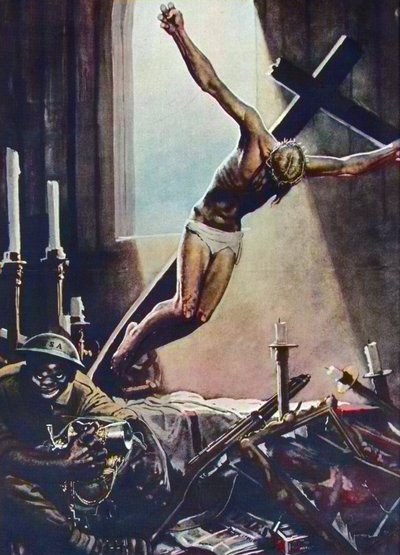 Antiamerikansk WWII-affisch - Black American Pillaging Church - Affisch av Gino Boccasile (1901-1952) - Italian Propaganda Anti USA 1943 - Affisch av Gino Boccasile (1901-1952) av Gino Boccasile