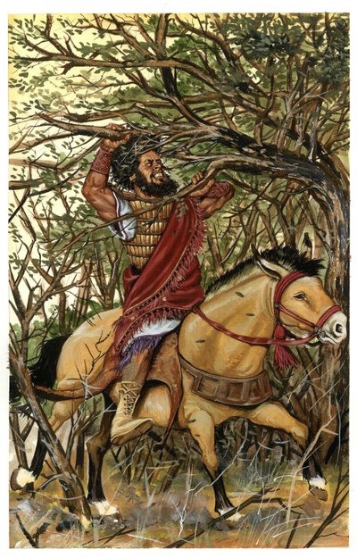 En framställning av Absalom (eller Avshalom, Absalom), Davids son, i Efraims skog, hans hår är taget i grenarna på en ek. av Giorgio Albertini