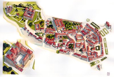 Aeriansk vy över staden Guimaraes: till vänster slottet och klostret som byggdes på 1000-talet. Portugal. Illustration av Giorgio Albertini. (Användningen av denna författares verk är inte föremål för en ansökan om tillstånd från en tredje part eller till  av Giorgio Albertini