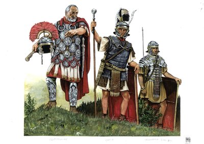 Antika Rom: en centurion, en optio (budbärare mellan centurioner och decurioner) och en legionär. 2:a århundradet av Giorgio Albertini