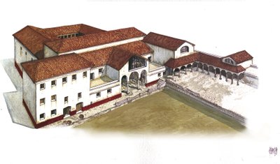 Antikens Rom: Rekonstruktion av Villa des Lions (Casa ou domus dei Leoni) i Ostia Antica (Ostia), 300-talet f.Kr. Italien Illustration av Giorgio Albertini. (Användningen av denna författares verk är inte föremål för en ansökan om tillstånd från en tredje  av Giorgio Albertini