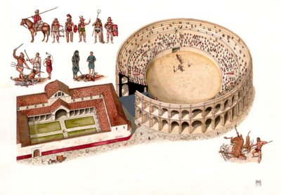 Antikens Rom: Rekonstruktion av amfiteaterplatsen i staden Amiternum nära Aquila i Abruzzo, Italien. 1:a - 2:a århundradet e.Kr. Överst till vänster, olika gladiatorkläder och scener från striderna som ägde rum i arenan. Illustration av Gior av Giorgio Albertini