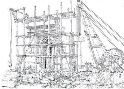 Antika Rom: Rekonstruktion av en byggarbetsplats för en valvbåge under 1:a århundradet e.Kr. Arbetarna hissar upp marmorblocken med hjälp av byggnadsställningar och trissor. Illustration av Giorgio Albertini. (Användningen av denna författares verk är inte av Giorgio Albertini