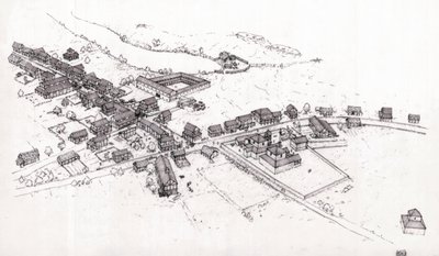 Antikens Rom: rekonstruktion av en by i romerska Bretagne (Britannia eller ön Bretagne) på 200-talet. Illustration av Giorgio Albertini. (Användningen av denna författares verk är inte föremål för en ansökan om tillstånd från en tredje part eller till den av Giorgio Albertini