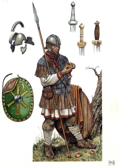 Antika Rom: soldat i det romerska infanteriet, 500- eller 600-talet. av Giorgio Albertini