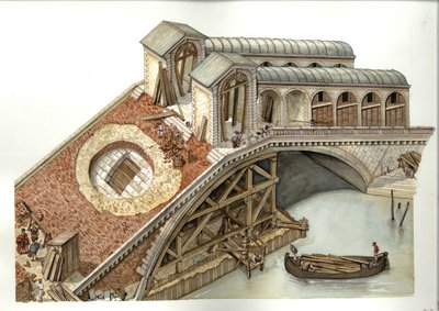 Arkitektur: byggarbetsplatsen för Rialtobron 1588-1591 i Venedig, Italien. Illustration av Giorgio Albertini (Användningen av denna upphovsmans verk kräver inte tillstånd från tredje part eller betalning av ytterligare royalties. av Giorgio Albertini