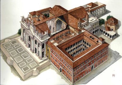 Barockarkitektur: rekonstruktion av S:t Johannes Lateranbasilikan (S:t Johannes Laterano eller San Giovanni in Laterano) (1600-1800-talet) Rom Illustration av Giorgio Albertini. (Användningen av denna författares verk är inte föremål för en ansökan om auth av Giorgio Albertini