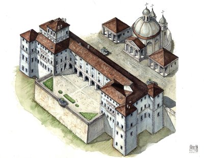 Barockkonst: aeriansk vy av palatset Chigi a Ariccia, Lazio, på 1600-talet. Italien av Giorgio Albertini