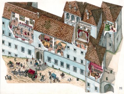 Barockkonst: vy och arkitektonisk sektion av palatset Chigi a Ariccia, Lazio, på 1600-talet. Interiören i familjerummen och tjänstefolkets bostäder är synliga. Italien, Italien av Giorgio Albertini