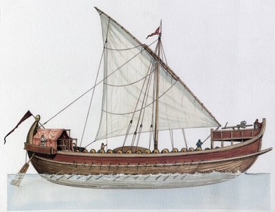 Bysantinska riket: rekonstruktion av en dromon, krigsfartyg, 9-1100-talet. av Giorgio Albertini