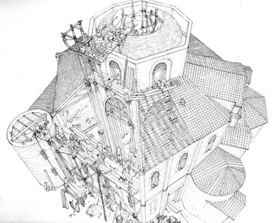 Bysantinsk konst: framställning av byggarbetsplatsen för basilikan St Vital (Saint Vital eller San Vitale) i Ravenna på 500-talet. Aeriansk vy som visar arbetarna på byggnadsställningarna som arbetar med kupolens ram. Italien Illustration av Giorgi av Giorgio Albertini