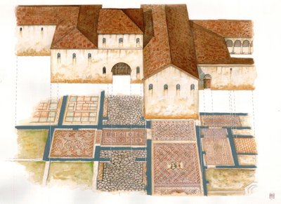 Bysantinsk konst: vy över Domus-platsen med stenmattor (dei tappeti di pietra) i Ravenna (Ravenna) på 600-talet, bestående av mosaik från ett bysantinskt palats. av Giorgio Albertini