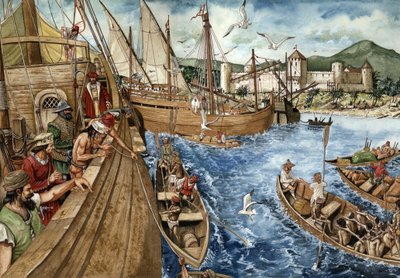 Kolonisering av Guldkusten (Ghana) i Afrika: Portugiserna gav sig av till Guineas kust den 21.1.1482 och byggde fortet Sao Jorge de Mina (Elmina) för att stärka guld- och slavhandeln. Portugisiska karaveller representerade längs de afrikanska kusterna. Det av Giorgio Albertini