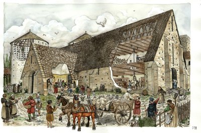 Leverans av livsmedel, livsmedel, förnödenheter i ladugården i ett franskt kloster på 1300-talet, snitt av klosterbyggnadernas struktur som gör det möjligt att se aktiviteterna och interiören i magasinen av Giorgio Albertini