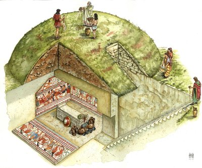 Etruskisk civilisation: rekonstruktion och tillskärning av Triclinios grav (triclinium), Tarquinias nekropol. 500-talet f.Kr. Italien Illustration av Giorgio Albertini. av Giorgio Albertini