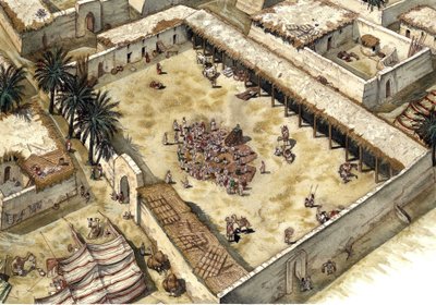 Islam: Profeten Muhammeds (Muhammad eller Muhammad) hus (570-632) efter hans ankomst till Medine 622, åtföljde de första muslimerna (Hegira), Saudiarabien Profeten syns, hans ansikte är täckt. Illustration av Giorgio Albertini. (Användningen av av Giorgio Albertini
