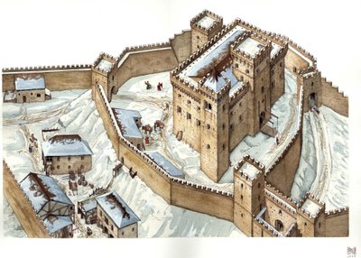 Medeltida arkitektur: rekonstruktion av staden Udines slott på 1300-talet. Italien Illustration av Giorgio Albertini. (Användningen av denna upphovsmans verk är inte föremål för en ansökan om tillstånd från tredje part eller för betalning o av Giorgio Albertini