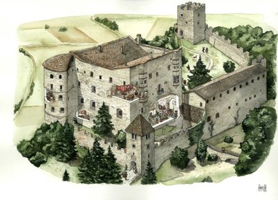 Medeltida arkitektur: vy över slottet Pergine, med öppningar som gör det möjligt att se invånarnas liv i slottets rum på 1500-talet. Pergine Valsugana, Trento, Italien Illustration av Giorgio Albertini. (Användningen av denna författares verk av Giorgio Albertini