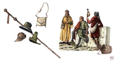 Medeltida mode: pelerindräkt mellan 1100- och 1300-talet, väska, hattar, käpp, tunikor. av Giorgio Albertini