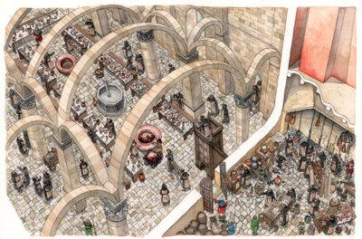Medeltiden: ett refektorium och ett kök i ett kloster. Religiöst arbete för att förbereda gemensamma måltider. 1100- eller 1200-talet av Giorgio Albertini