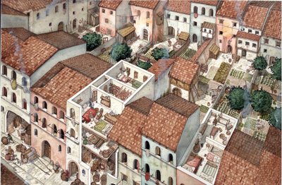 Medeltiden: aeriansk vy av bostäder, tvärsnittsvy av bostädernas interiör i Florens, Italien på 1200-talet. av Giorgio Albertini