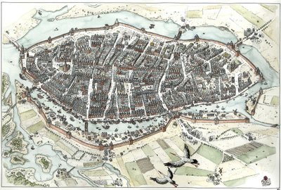 Medeltiden: aeriansk vy över staden Lubeck i Tyskland med gatukarta, som visar dess geografiska läge på en ö vid sammanflödet av floderna Wakenitz och Trave. 1400-talet. Tyskland Illustration av Giorgio Albertini. (Användningen av denna författares w av Giorgio Albertini