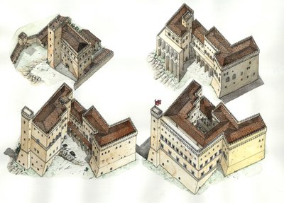 Medeltiden: vy från luften över de olika faserna i byggandet av Vatikanpalatset (Vaticano) mellan 1100- och 1400-talet. Rom Italien av Giorgio Albertini