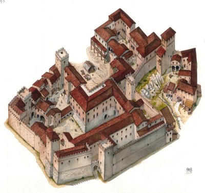Medeltiden: Flygfoto över det befästa kvarteret Montegiordano mot Rom. Italien på 1200-talet. av Giorgio Albertini
