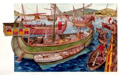 Medeltiden: kommersiell verksamhet, lastning av båtar, i hamnen i staden Pisa. Italien 1200-talet av Giorgio Albertini