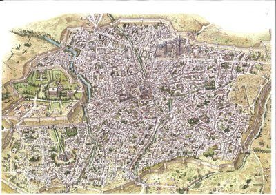 Medeltiden: detaljerad flygbild över staden Samarkand (Samarkand), vallarna syns, i Uzbekistan på den mongoliska Chaybaniddynastins tid. 1450 runt Centralasien. Illustration av Giorgio Albertini. (Användningen av denna författares verk är av Giorgio Albertini