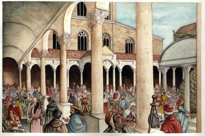 Medeltiden: fideles, pelerins, handelsmän och romare representerade på 1200-talet i peristylen (ingången) till den antika Peterskyrkan i Rom (Peterskyrkan eller San Pietro-kyrkan eller Konstantinbasilikan) från romarriket, Rom av Giorgio Albertini