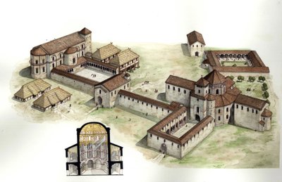 Medeltiden: översikt och tvärsnitt som rekonstruerar Karl den stores palats (ca 742-814) som byggdes av arkitekten Eudes de Metz omkring år 794 i Aachen (Aachen) Tyskland. Illustration av Giorgio Albertini. (Användningen av denna författares verk är inte f av Giorgio Albertini