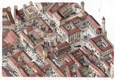 Medeltiden: återuppbyggnad av den historiska stadsdelen Barri Gotic (barrio gotico) i Barcelona på 1300-talet. Katedralen Sainte-Eulalie (Saint Eulalie) är synlig. Spanien Illustration av Giorgio Albertini. (Användningen av denna författares verk är inte u av Giorgio Albertini