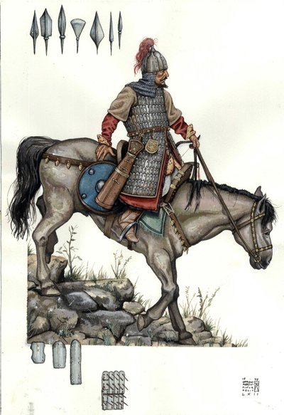 Medeltiden: soldat i det ungerska tunga kavalleriet. 9:e århundradet av Giorgio Albertini