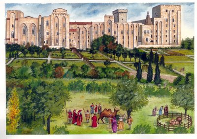 Medeltiden: vy över påvepalatset i Avignon, när det var påvarnas residens. I trädgården promenerar medlemmar av kurian för att beundra exotiska djur (kamel, lejon) 1300-talet. av Giorgio Albertini
