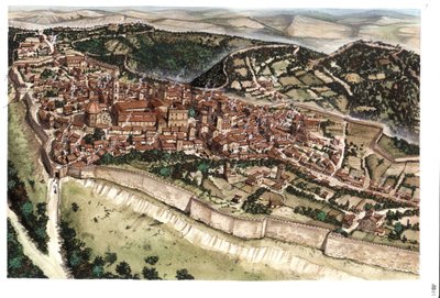 Medeltiden: vy över den medeltida staden Volterra, omgiven av vallar, på 1300-talet. Toscana. Italien Illustration av Giorgio Albertini. (Användningen av denna författares verk är inte föremål för en ansökan om tillstånd från en tredje part eller till t av Giorgio Albertini